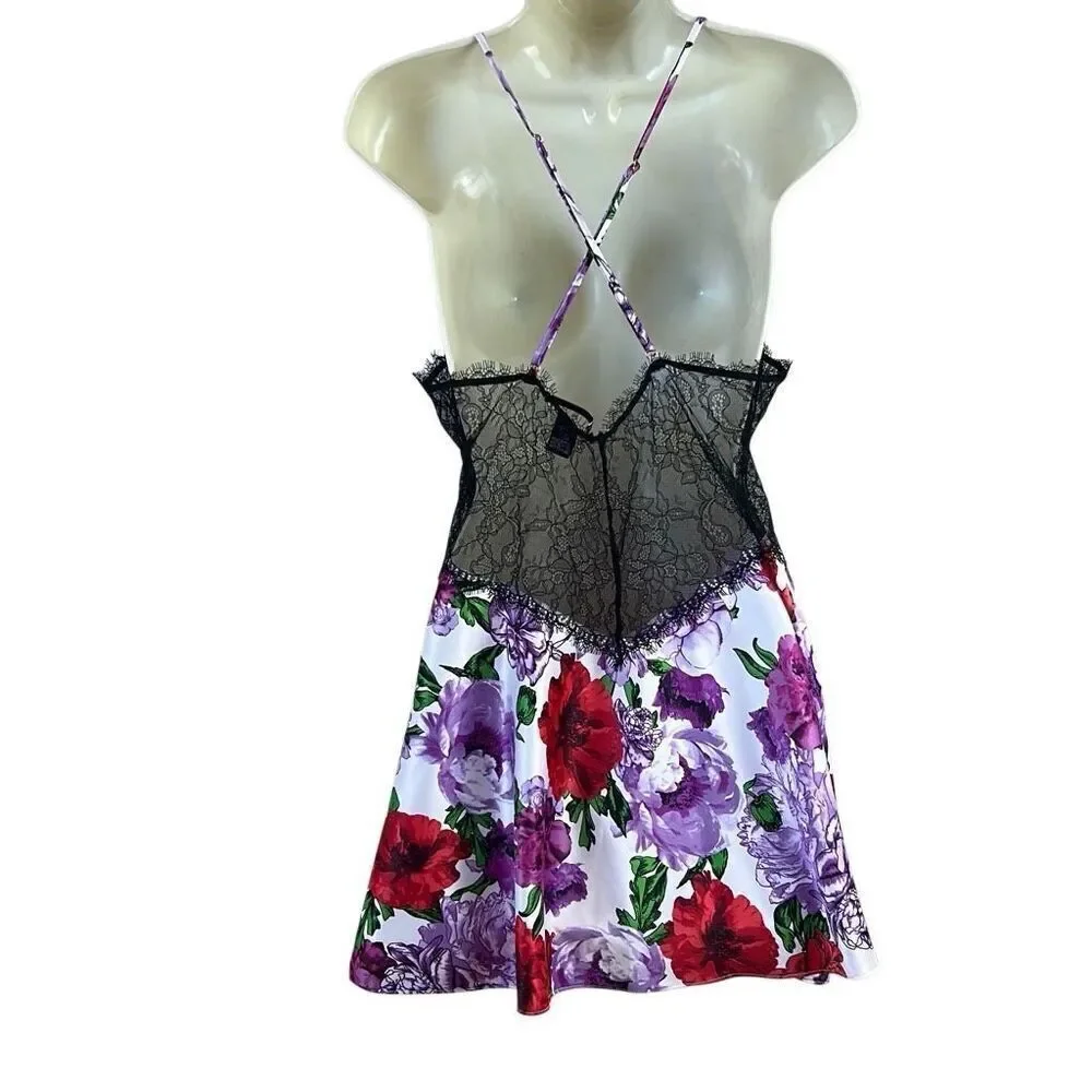 Victoria’s Secret Lace and Floral Cross Back Sheer Top Nightgown Camisole Size L